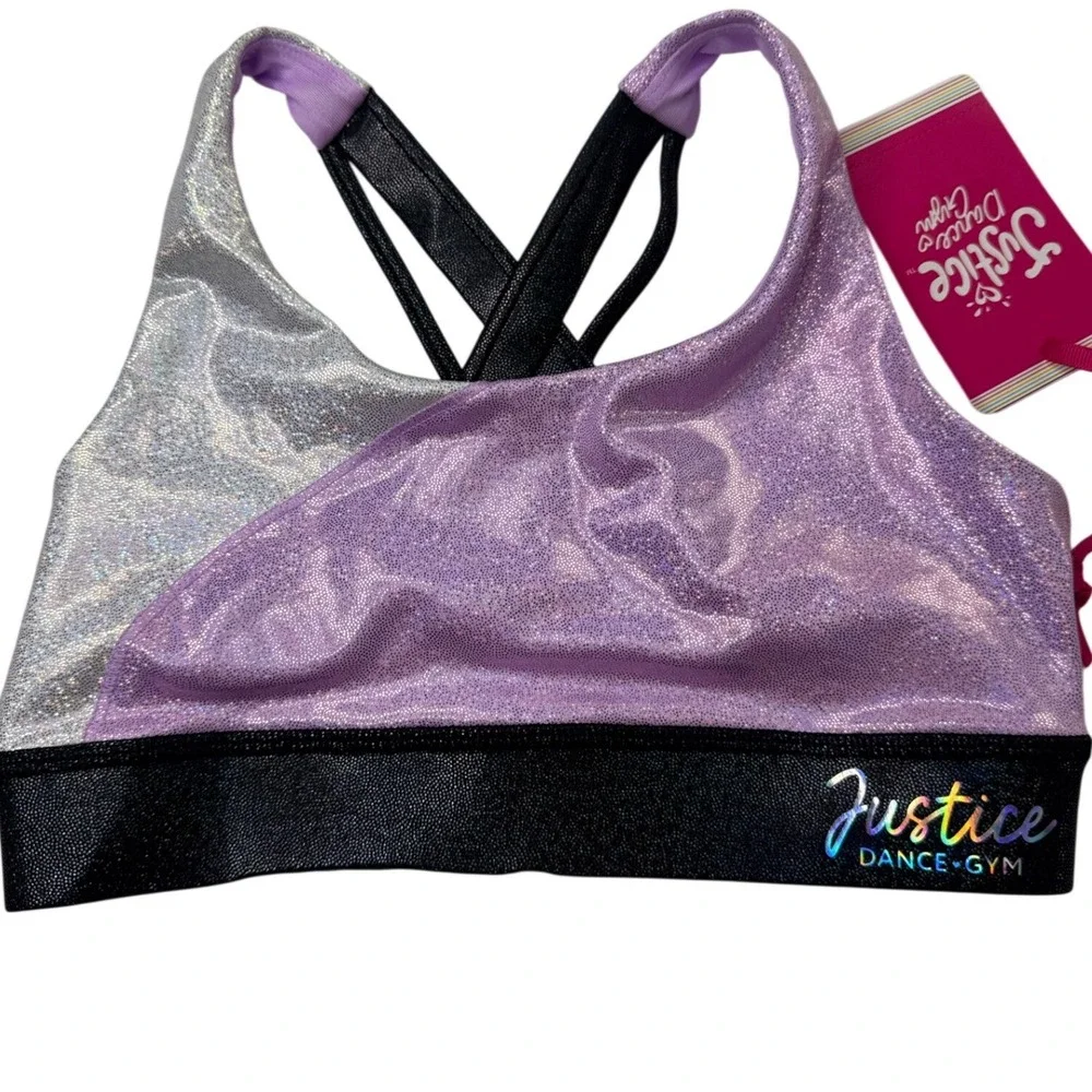 Justice Dance Gym Girls Iridescent Colorblock Sports Bra Purple Silver S 7/8 NWT